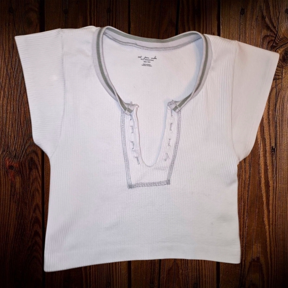 Garage White Gray Ribbed Cap Sleeve Top